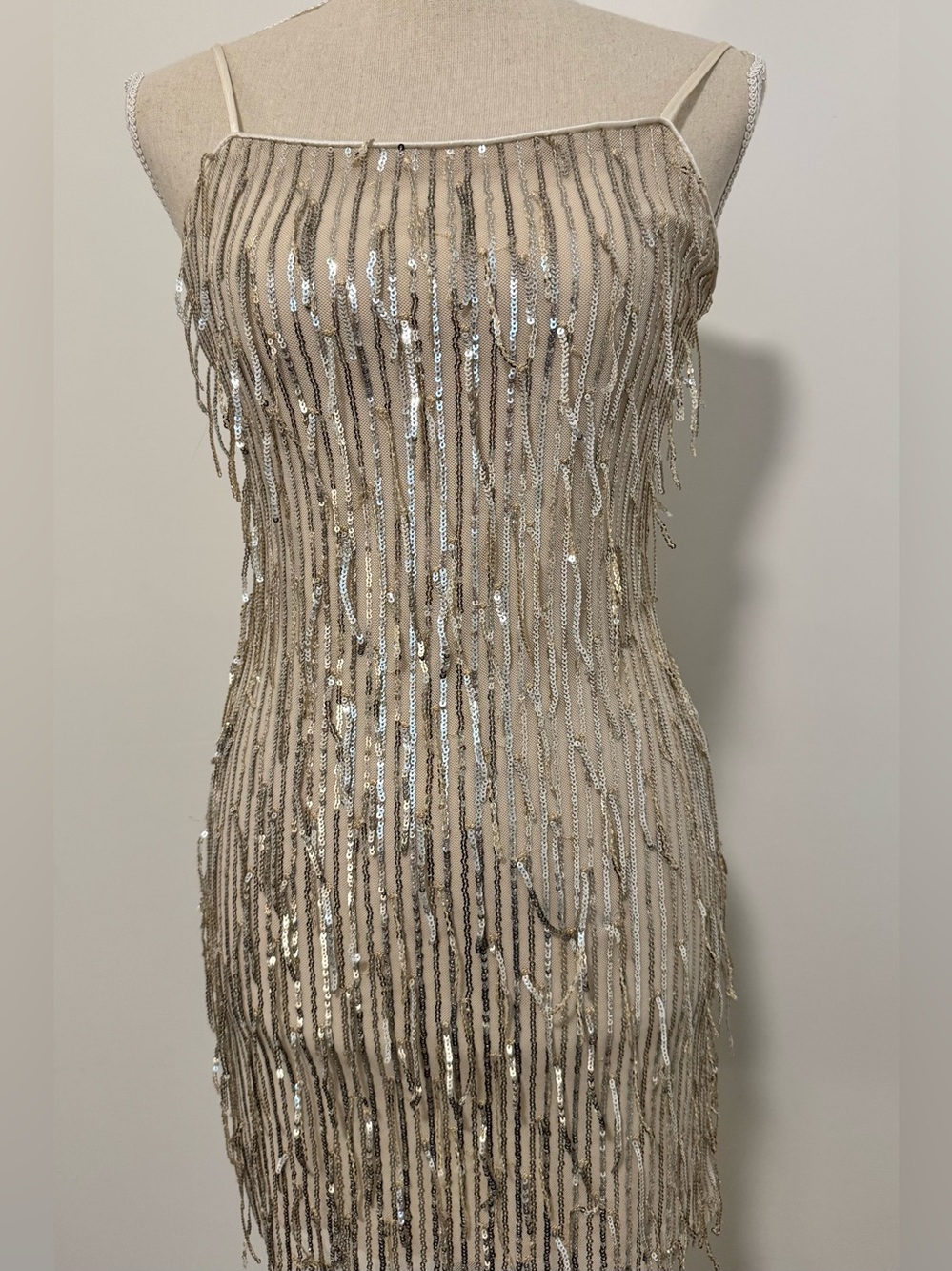 Trixxi Nude Beaded Fringe Strapless Mini Dress
